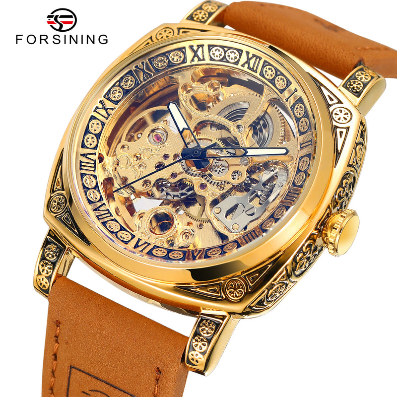 Forsining Luxury Engraved Square Gold Skeleton Automatic Mechanical Me WINNER WATCH