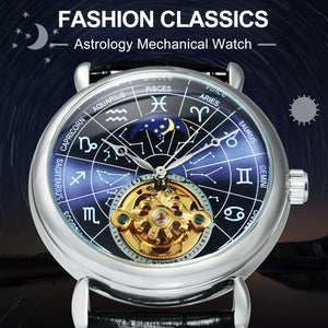 WINNER 12 Zodiac Constellations Astronomical Fashion Automatic Mechanical Watches Luxury Tourbillon Skeleton Business Watch for Men Casual Genuine Leather Belt