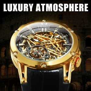 WINNER Sports Tourbillon Gold Skeleton Automatic Mechanical Watch TM 413G Military Watches for Men Rubber Leather Strap Luminous Hands