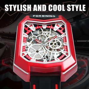 Forsining Fashion Outdoor Skeleton Automatic Mechanical Watch for Men TM 455G Casual Rubber Strap Luminous Hands Male Watches