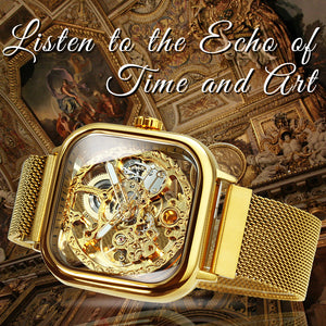 Vintage Gold Square Skeleton Automatic Mechanical Watch Engraving Movement Unisex Winding Watches for Men Stainless Steel Strap Forsining