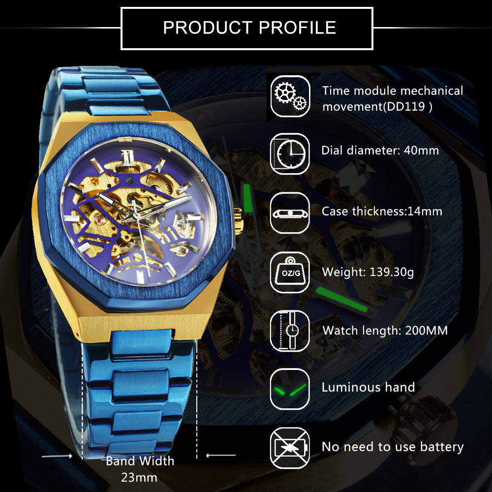 Black Gold Skeleton Automatic Mechanical Mens Watches TM344G Luxury WINNER Watch Stainless Steel Strap