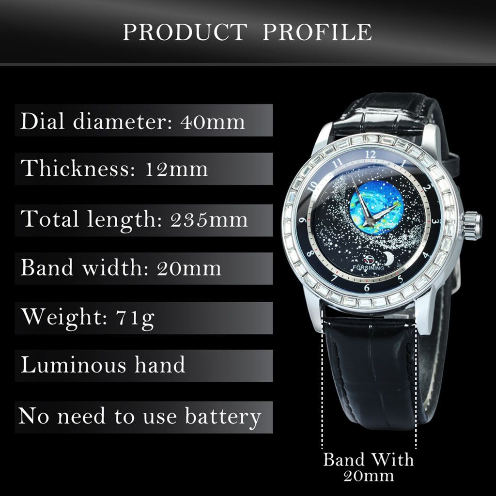 Forsining Fashion Starry Sky Mechanical Watches TM 432 Rotating Star Luminous Dial Luxury Leather Strap Automatic Mens Watch