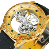 Golden Bridge Skeleton Automatic Mechanical Watch Engraved Case Luxury Green Diamond Luminous Hands Forsining Winding Watches for Men