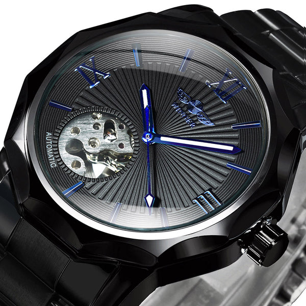 WINNER Black Irregular Skeleton Business Automatic Mechanical Mens Watches  Luminous Hands 312G