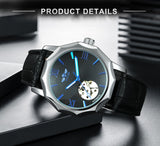 WINNER Fashion Irregular Skeleton Automatic Watch for Men Blue Luminous Hands Leather Strap Mechanical Watches