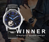 WINNER Fashion Irregular Skeleton Automatic Watch for Men Blue Luminous Hands Leather Strap Mechanical Watches