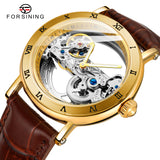 Forsining Engraved Golden Bridge Skeleton Automatic Mechanical Watch for Men Luminous Hands Brown Leather Strap 134