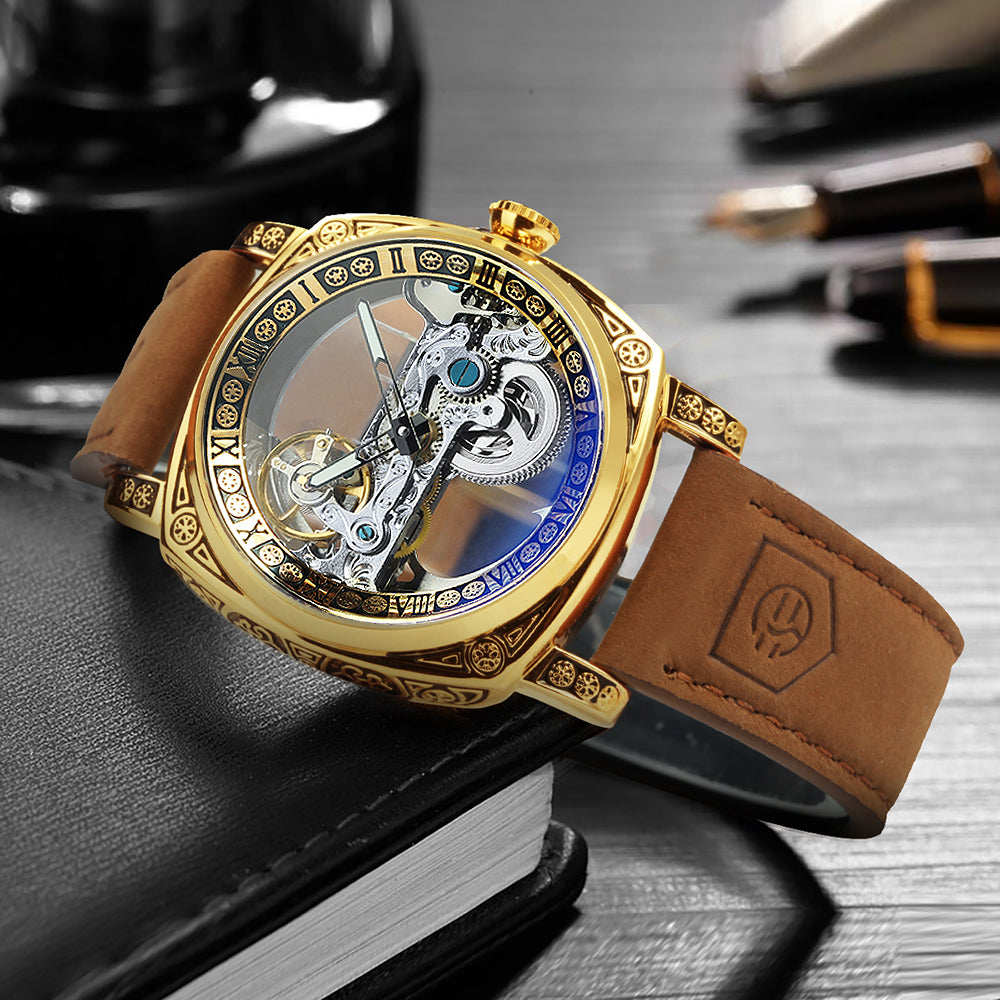 Vintage Square Skeleton Automatic Mechanical Watch TM 403 Engraved Case Golden Bridge Watches Genuine Leather Strap
