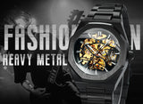 Black Gold Skeleton Automatic Mechanical Mens Watches TM344G Luxury WINNER Watch Stainless Steel Strap