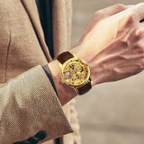 WINNER Classic Vintage Gold Skeleton Hand Wind Mechanical Watch for Men Leather Belt