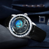 Forsining Fashion Starry Sky Mechanical Watches TM 432 Rotating Star Luminous Dial Luxury Leather Strap Automatic Mens Watch