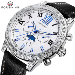 Forsining Retro Engraved Moon Phase Automatic Mechanical Mens Watches Top Brand Luxury Genuine Leather Strap Luminous Hands 133