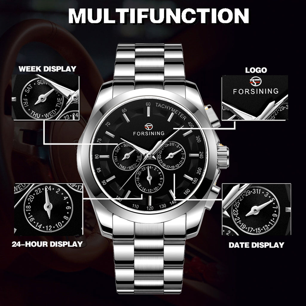 Forsining Fashion Sports Mens Automatic Mechanical Watches Date Display Steel Strap A625