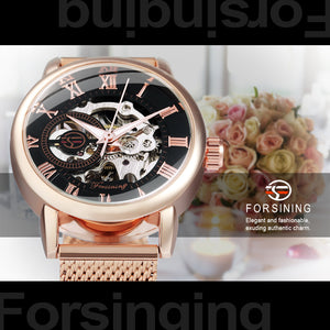 Forsining Fashion Rose Golden Skeleton Mechanical Watch for Women Luminous Hands Mesh Stainless Steel Strap Luxury Elegant Watches7006H