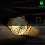 WINNER Luxury Business Gold Tourbillion Skeleton Automatic Mechanical Watch for Men Luminous Hands Mesh Stainless Steel Strap Minimalist Watches