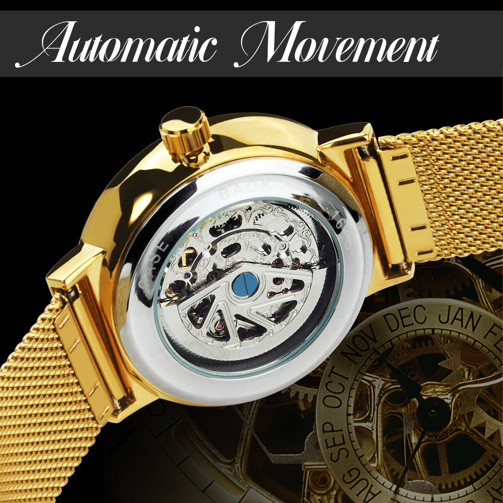 WINNER Luxury Business Gold Tourbillion Skeleton Automatic Mechanical Watch for Men Luminous Hands Mesh Stainless Steel Strap Minimalist Watches