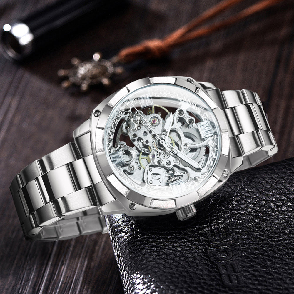 Square Gold Skeleton Automatic Mechanical Watch Engraved Movement Luminous Luxury Stainless Steel Strap Forsining Vintage Mens Watches