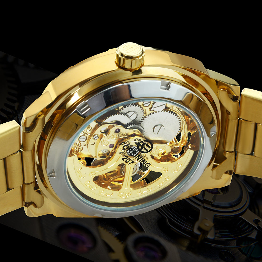 Square Gold Skeleton Automatic Mechanical Watch Engraved Movement Luminous Luxury Stainless Steel Strap Forsining Vintage Mens Watches