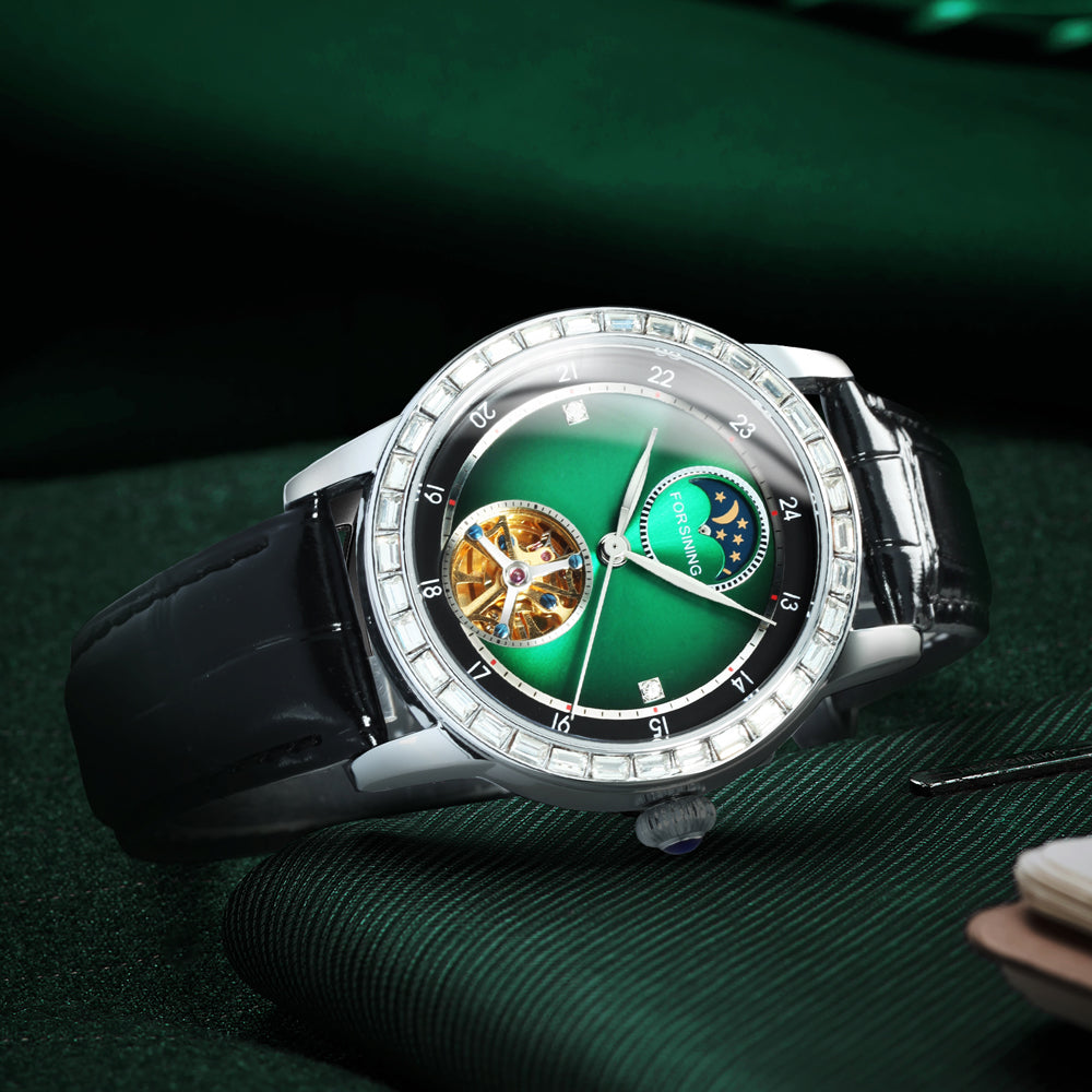 Forsining Luxury Tourbillon Mechanical Watches Jade Green Moon Phase Diamond Dial Automatic Skeleton Watches Genuine Leather Strap TM 412G