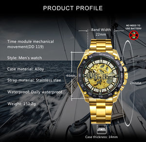 WINNER Military Gold Iced Out Skeleton Automatic Mechanical Watch for Men TM340
