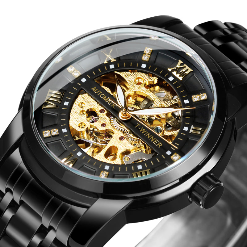 WINNER Black Gold Skeleton Automatic Mechanical Watch TM349 Stainless Steel Strap Fashion Diamond Luminous Hands Mens Watches