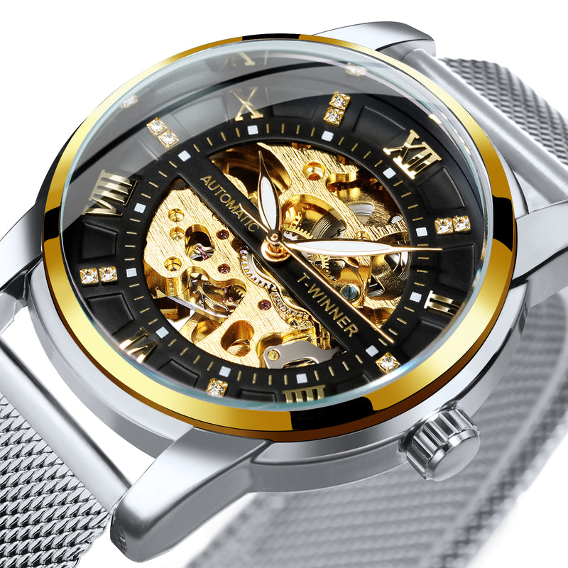 WINNER Luxury Gold Skeleton Automatic Mechanical Watch TM349 Fashion Diamond Luminous Hands Mesh Stainless Steel Strap Classic Mens Watches