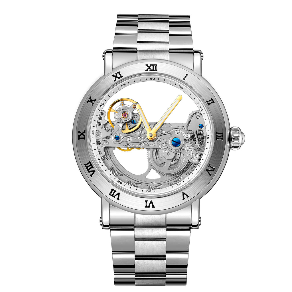 Forsining Golden Bridge Skeleton Automatic Mechanical Watches for Men Engraved Movement FS 225