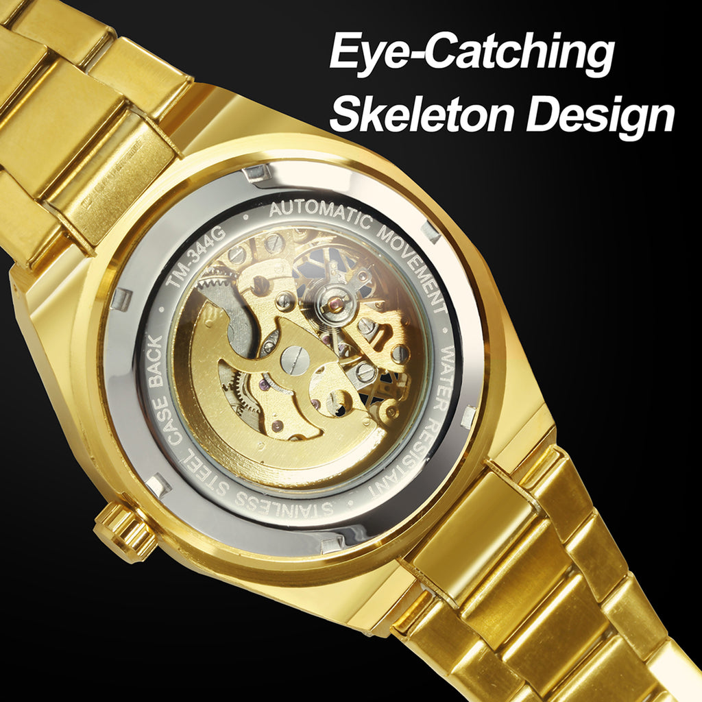 Forsining Luxury Irregular Gold Skeleton Automatic Mechanical Mens Watch TM 344G Stainless Steel Strap Luminous Hands