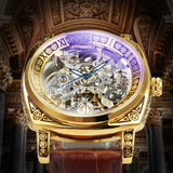 Luxury Vintage Square Skeleton Automatic Mechanical Watch for Men Engraving Case Luminous Hands Genuine Leather Strap
