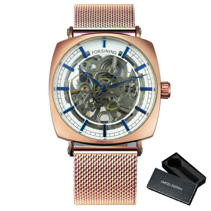 Forsining Rose Gold Square Skeleton Automatic Mechanical Mens Watch Luxury Engraved Movement Mesh Stainless Steel Strap 242G