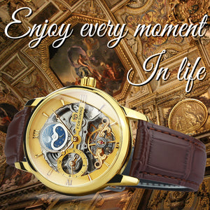 Luxury Skeleton Automatic Mechancial Watch Dual Time Moon Phase Gold Watch Forsining TM 354G