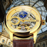 Luxury Skeleton Automatic Mechancial Watch Dual Time Moon Phase Gold Watch Forsining TM 354G