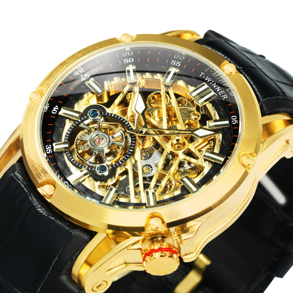 WINNER Sports Tourbillon Gold Skeleton Automatic Mechanical Watch TM 413G Military Watches for Men Rubber Leather Strap Luminous Hands