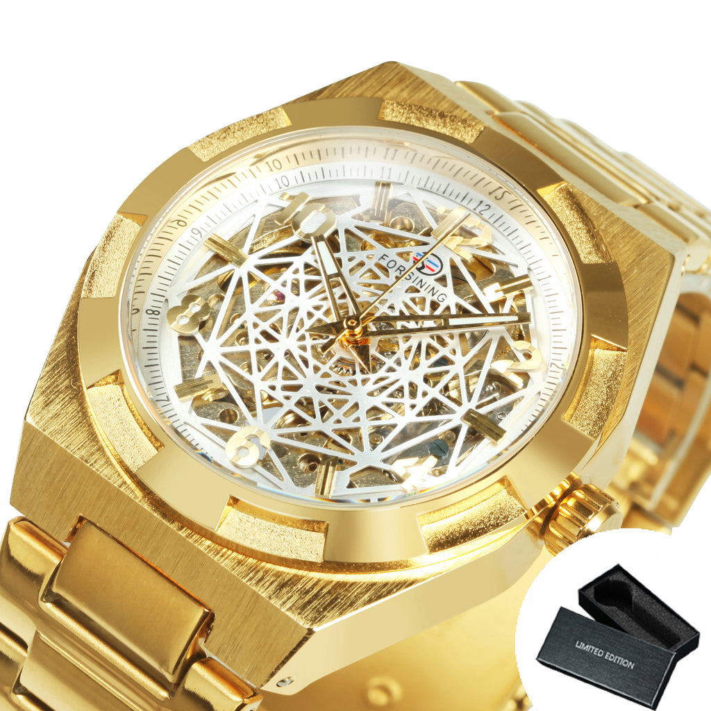 Forsining Luxury Irregular Gold Skeleton Automatic Mechanical Mens Watch TM 344G Stainless Steel Strap Luminous Hands