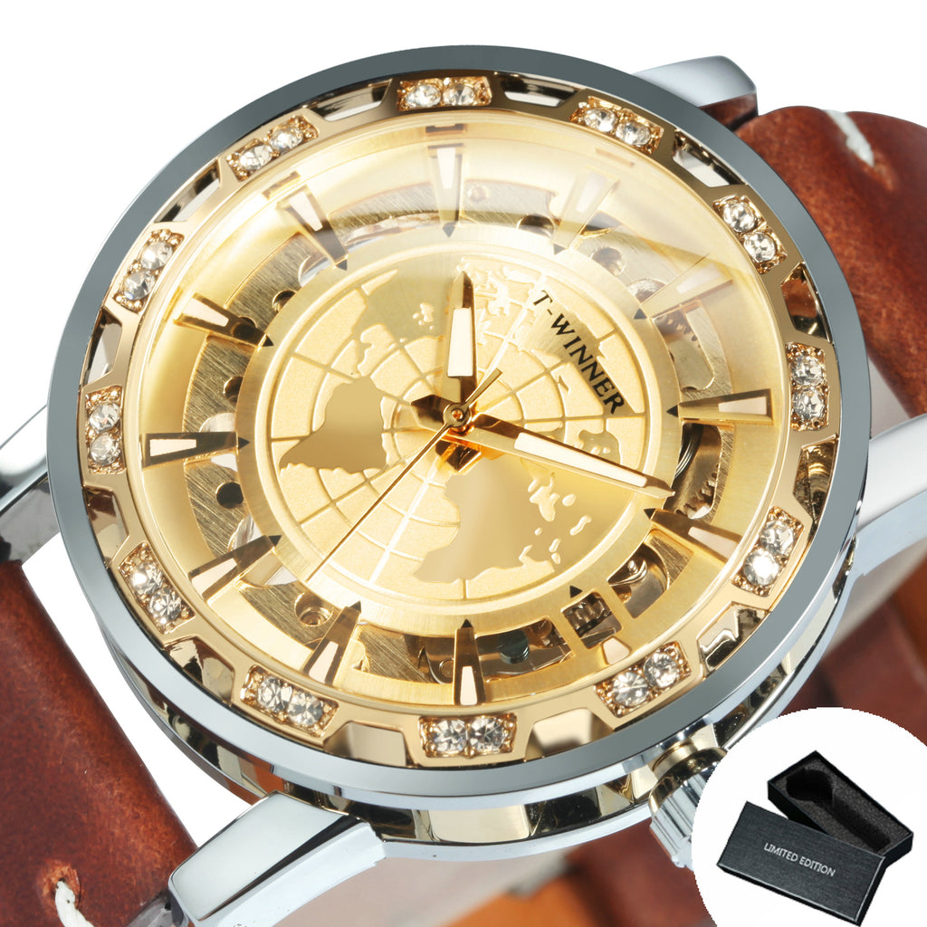 WINNER Luxury Iced Out Gold Mechanical Watches Brown Leather Strap Hand Wind Mens Watch 539