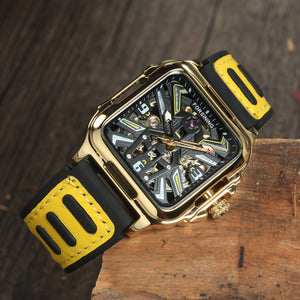Luxury Gold Square Skeleton Automatic Mechanical Watch for Men Top Brand Rubber Leather Strap FS 141