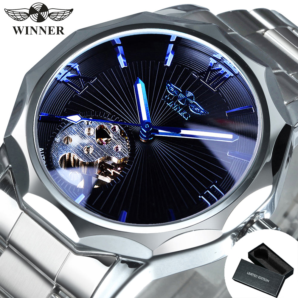 WINNER Black Irregular Skeleton Business Automatic Mechanical Mens Watches Luminous Hands 312G