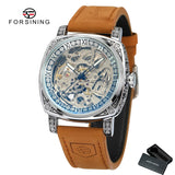Forsining Luxury Engraved Square Gold Skeleton Automatic Mechanical Mens Watches TM 403 Crazy Horse Leather Strap