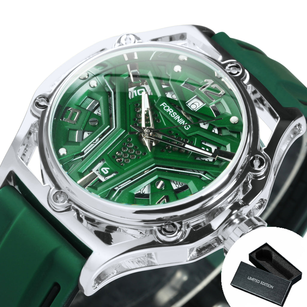 Forsining Fashion Sports Automatic Mechanical Mens Watch Calendar Hollow Out Green Dial Rubber Strap TM 477G