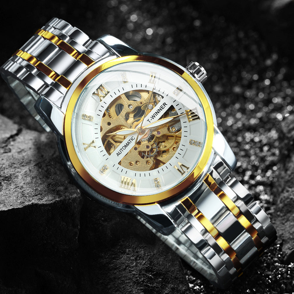 WINNER Automatic Mechanical Watch, Gold Skeleton Winding Watches, Luminous Hands