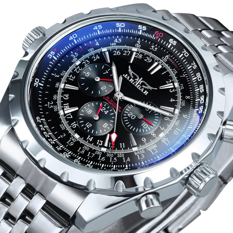 Military Multifunction Automatic Mechanical Watch Luminous Hands Rotating Bezel Stainless Steel Strap