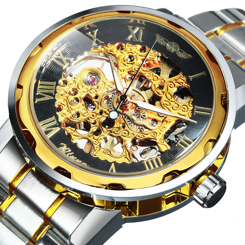 WINNER Classic Gold Skeleton Mechanical Watch for Men Luminous Hands Stainless Steel Strap Unisex Retro Watches