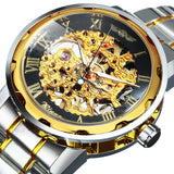 WINNER Classic Gold Skeleton Mechanical Watch for Men Luminous Hands Stainless Steel Strap Unisex Retro Watches