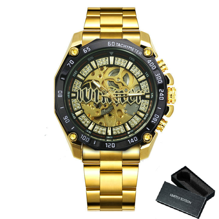 WINNER Military Gold Iced Out Skeleton Automatic Mechanical Watch for Men TM340