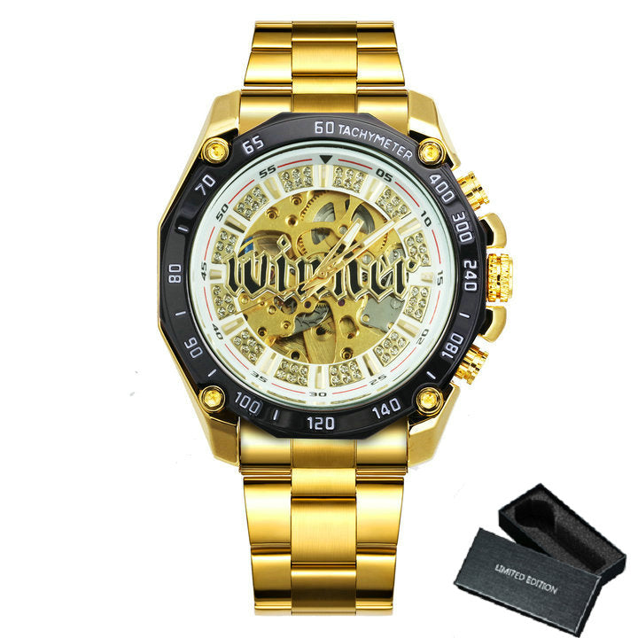 WINNER Military Gold Iced Out Skeleton Automatic Mechanical Watch for Men TM340