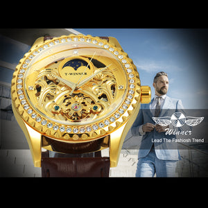 WINNER Luxury Gold Tourbillon Skeleton Automatic Mechanical Watch Moon Phase Diamond Luminous Hands Genuine Leather Belt