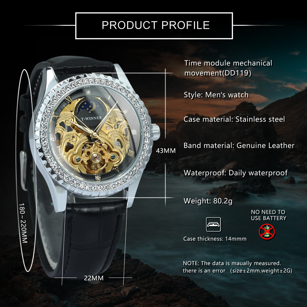 WINNER Luxury Gold Tourbillon Skeleton Automatic Mechanical Watch Moon Phase Diamond Luminous Hands Genuine Leather Belt