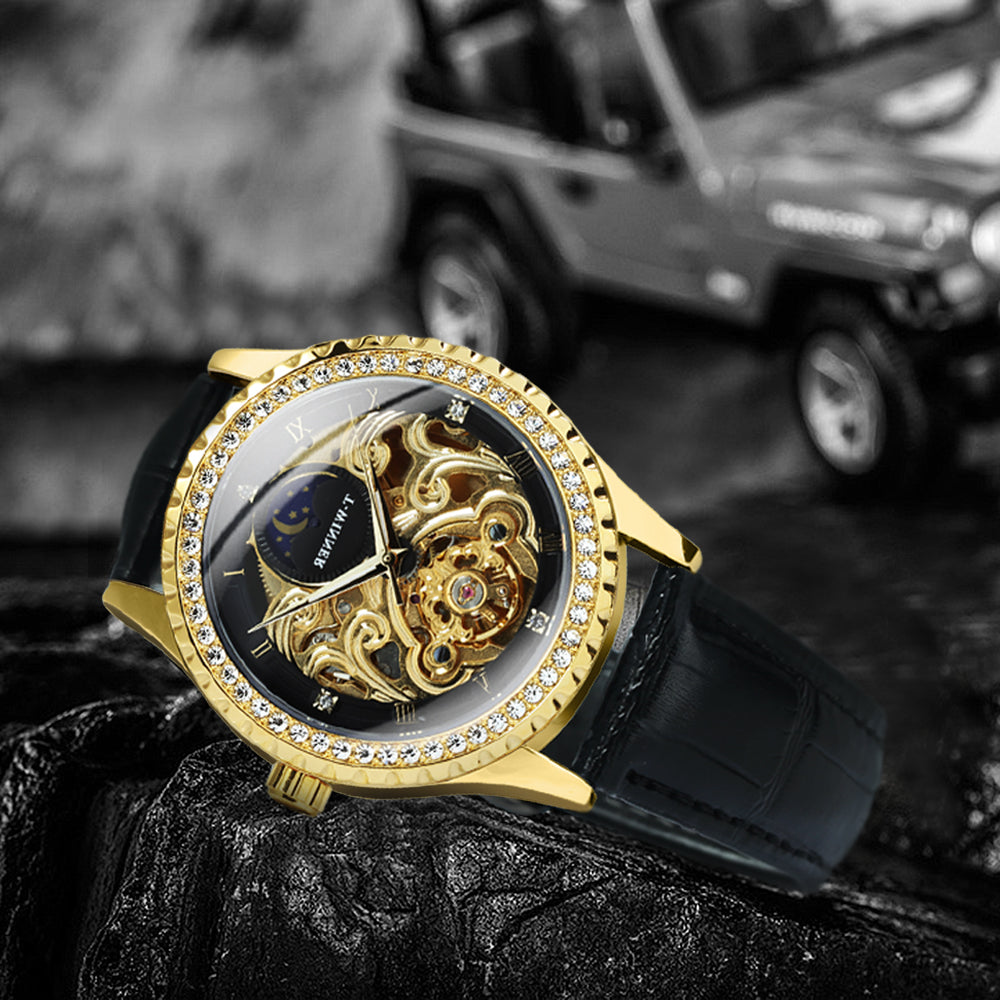WINNER Luxury Gold Tourbillon Skeleton Automatic Mechanical Watch Moon Phase Diamond Luminous Hands Genuine Leather Belt