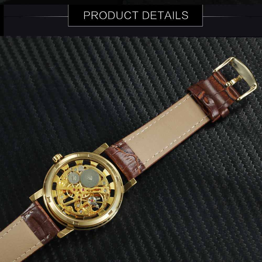 WINNER Watch Men's Hand-wind Mechanical Fashion Hollow Watch Luminous Leather Strap Watch